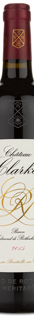 A bottle of 2015 Chateau Clarke Red Blend by ever with a white and gold label and a red foil cap.