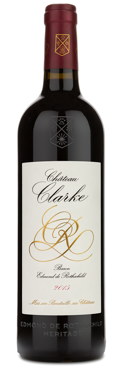 A bottle of 2015 Chateau Clarke Red Blend by ever with a white and gold label and a red foil cap.