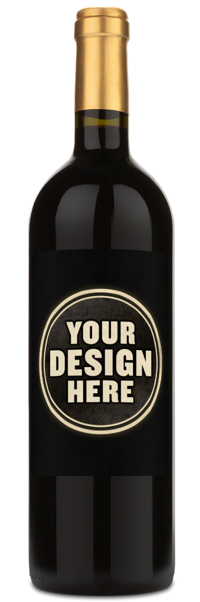 A 2020 Chateau des Ormeaux Lalande de Pomerol bottle with a blank black label reading YOUR DESIGN HERE in white.