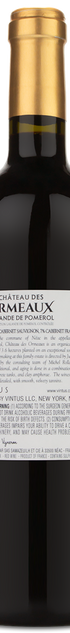 A bottle of 2020 ormeaux Chateau des Ormeaux Lalande de Pomerol red wine with a white label and gold foil neck.
