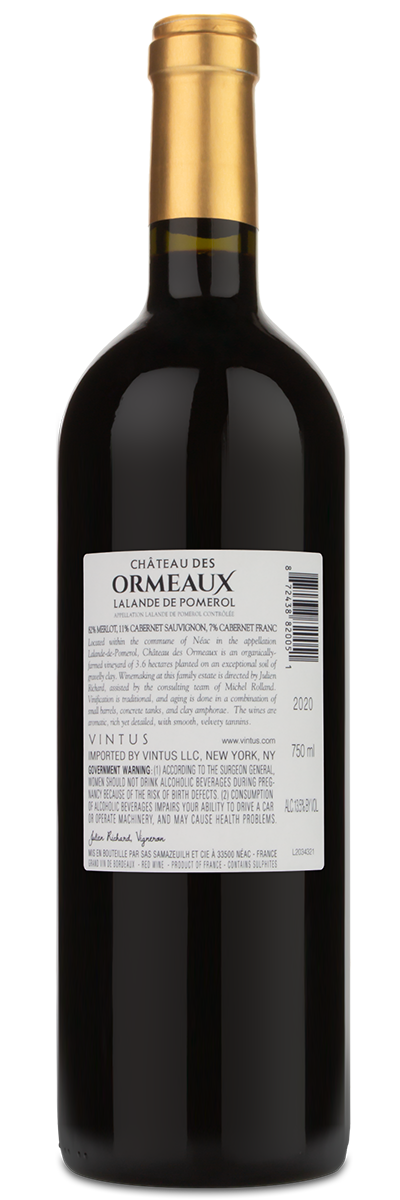 A bottle of 2020 ormeaux Chateau des Ormeaux Lalande de Pomerol red wine with a white label and gold foil neck.