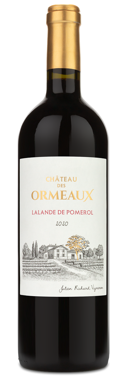 A 2020 Chateau des Ormeaux Lalande de Pomerol Bordeaux red, custom engraved with gold foil top, by ormeaux.