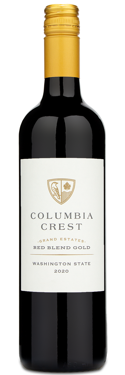 A bottle of Columbia Crest Gold Grand Estates Red Blend wine from 2020 with a gold cap.