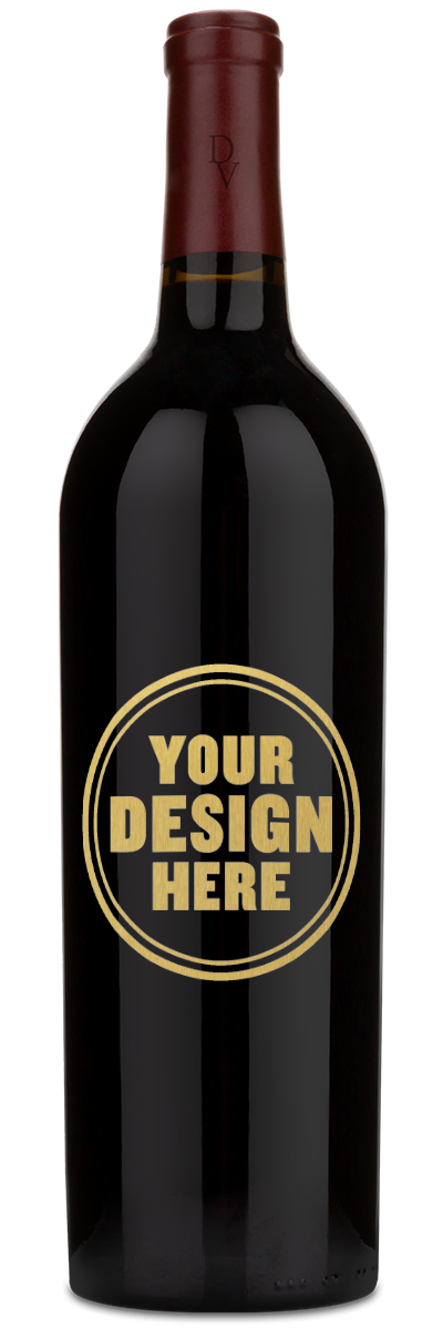 A Duckhorn Vineyards Napa Merlot bottle with a maroon cap and an engraving reading YOUR DESIGN HERE in gold.