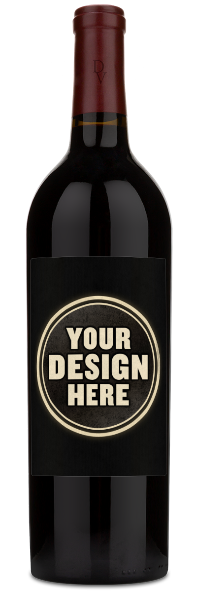 A dark Duckhorn wine bottle with a maroon cap and a label reading "Your Design Here."