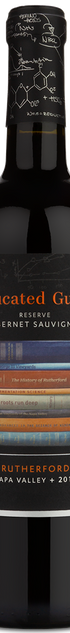 A bottle of Educated Guess Reserve Cabernet Sauvignon from Rutherford, Napa Valley, 2019. The bottle is dark glass with a black label featuring a graphic of stacked books and orange and white text.