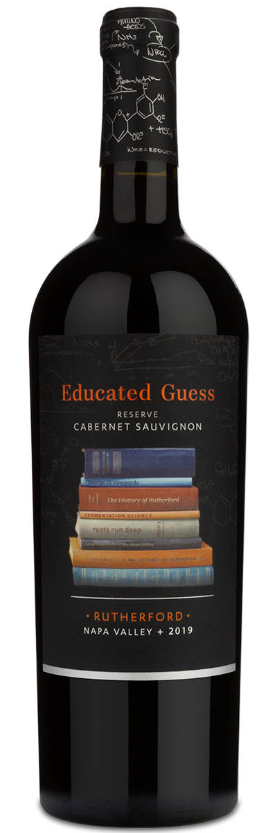 A bottle of Educated Guess Reserve Cabernet Sauvignon from Rutherford, Napa Valley, 2019. The bottle is dark glass with a black label featuring a graphic of stacked books and orange and white text.