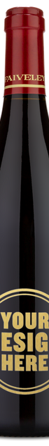 A 2023 Joseph Faiveley Bourgogne Pinot Noir bottle with a red cap and a round label that says YOUR DESIGN HERE.