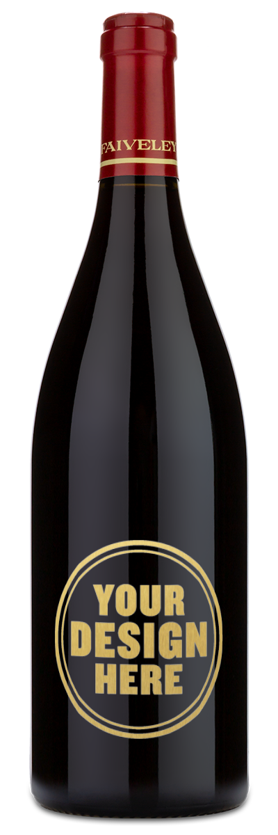A 2023 Joseph Faiveley Bourgogne Pinot Noir bottle with a red cap and a round label that says YOUR DESIGN HERE.