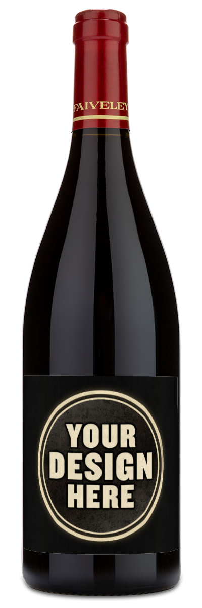 A 2023 Joseph Faiveley Bourgogne Pinot Noir bottle with a blank white label saying Your Design Here on a dark background.