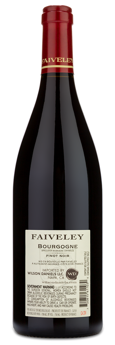 2023 Joseph Faiveley Bourgogne Pinot Noir wine bottle with red foil cap and white label on a plain background.