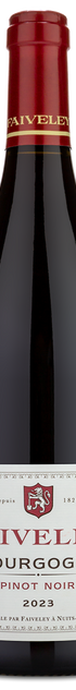 A 2023 Joseph Faiveley Bourgogne Pinot Noir wine bottle with a red foil top and a white label.