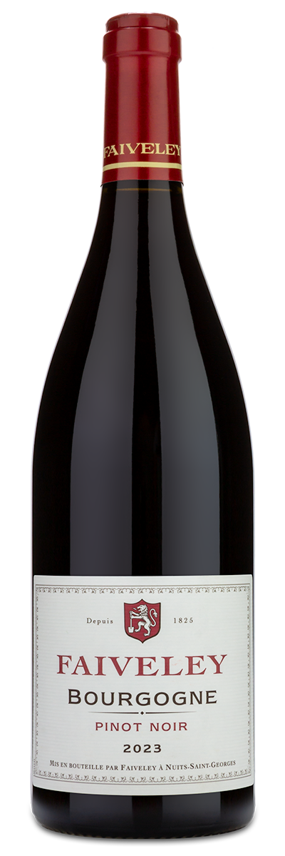 A 2023 Joseph Faiveley Bourgogne Pinot Noir wine bottle with a red foil top and a white label.