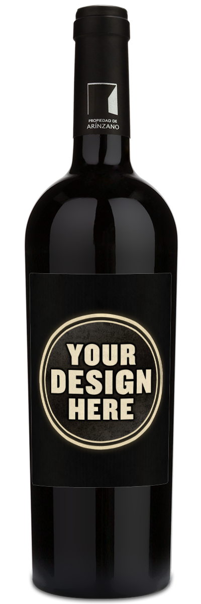 A 2018 Hacienda De Arinzano Tempranillo bottle with a custom wine label reading Your Design Here in a black circle.