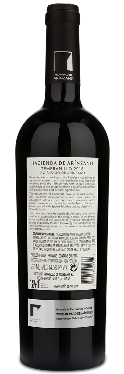 Back view of a 2018 Arinzano Tempranillo bottle with custom label and detailed barcode visible.