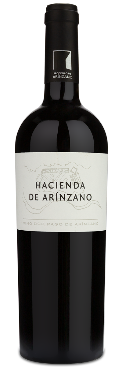 A personalized 2018 Hacienda De Arinzano Tempranillo red wine bottle with white label and black cap, upright.