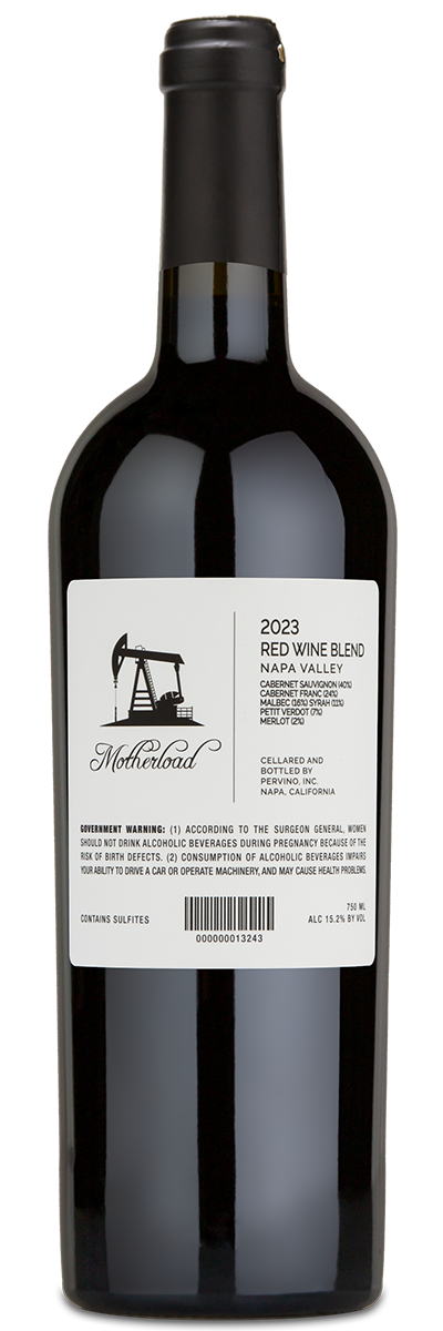 A bottle of Motherload Red Wine Blend with a winery label detailing its blend and Napa Valley origin.