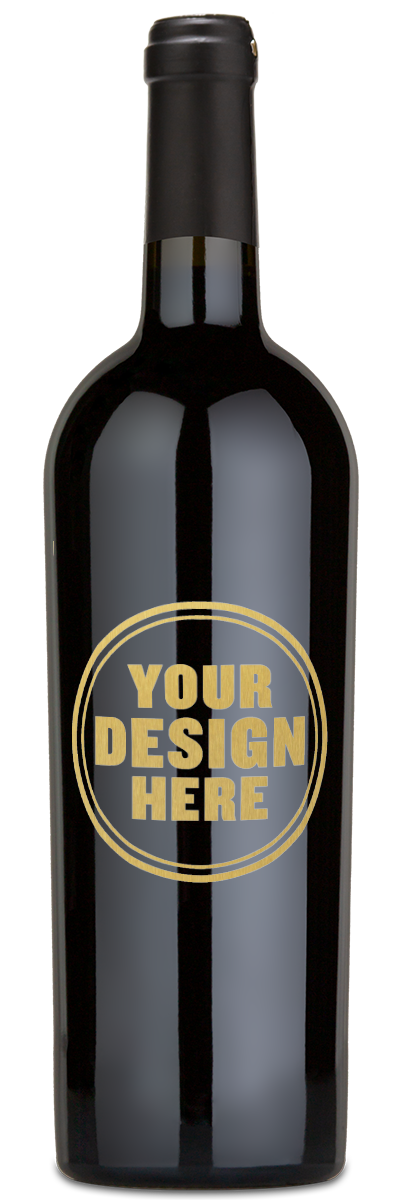Dark wine bottle with a blank gold engraving design reading YOUR DESIGN HERE, featuring personalwine’s Motherload Red Wine Blend.