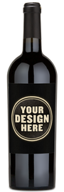 A bottle of red wine with a black label that reads YOUR DESIGN HERE.