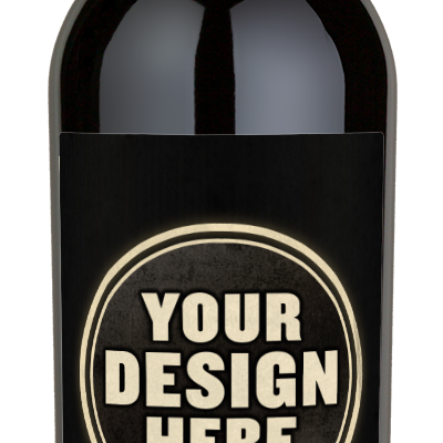 A bottle of red wine with a black label that reads YOUR DESIGN HERE.
