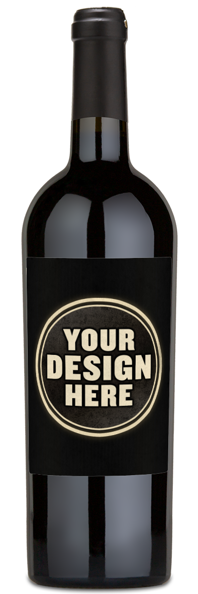 A bottle of red wine with a black label that reads YOUR DESIGN HERE.