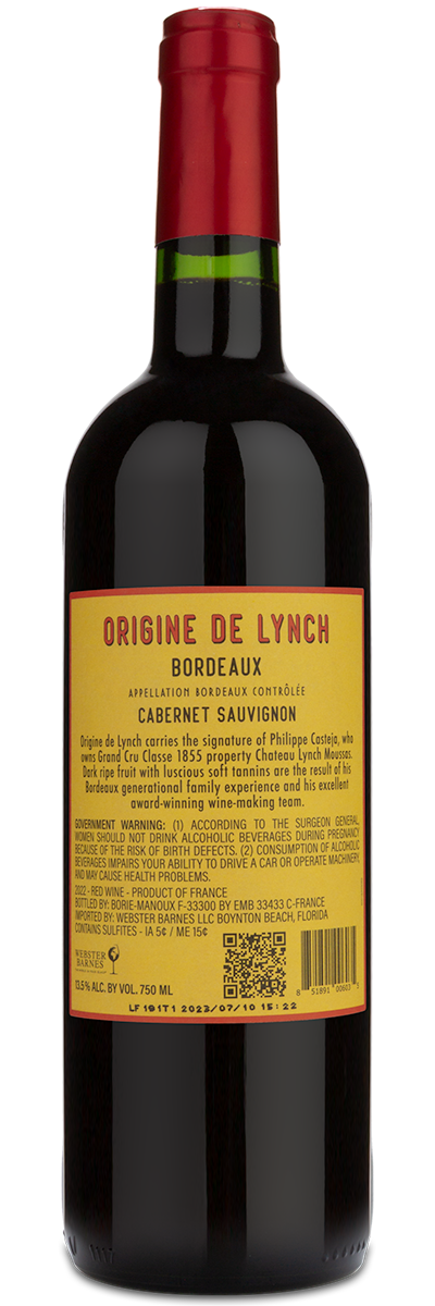 Origine De Lynch Bordeaux featuring the winery back label