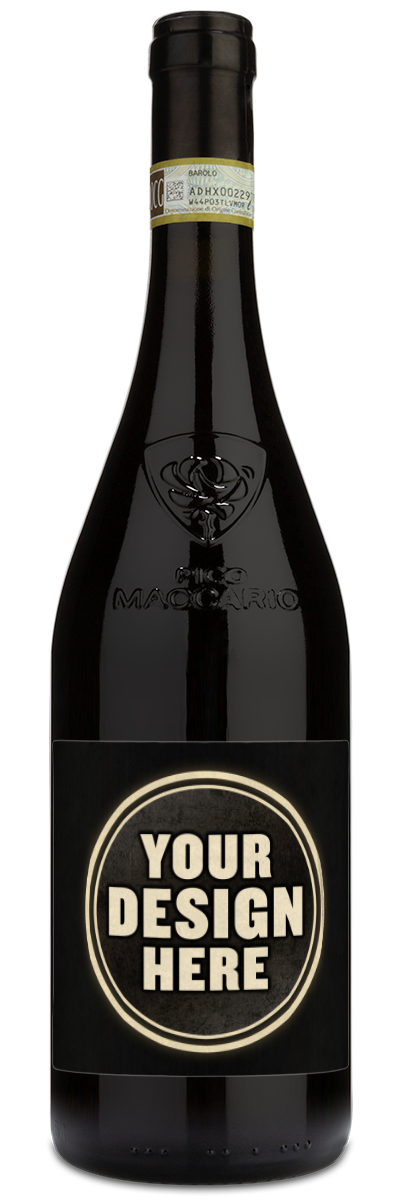 A bottle of Pico Maccario Serralunga d'Alba Barolo with a custom wine label that says your design here.
