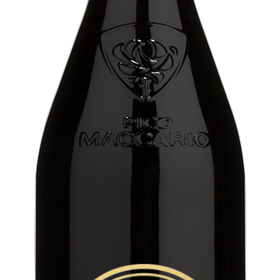 A bottle of Pico Maccario Serralunga d'Alba Barolo with a gold engraving example that says your design here.