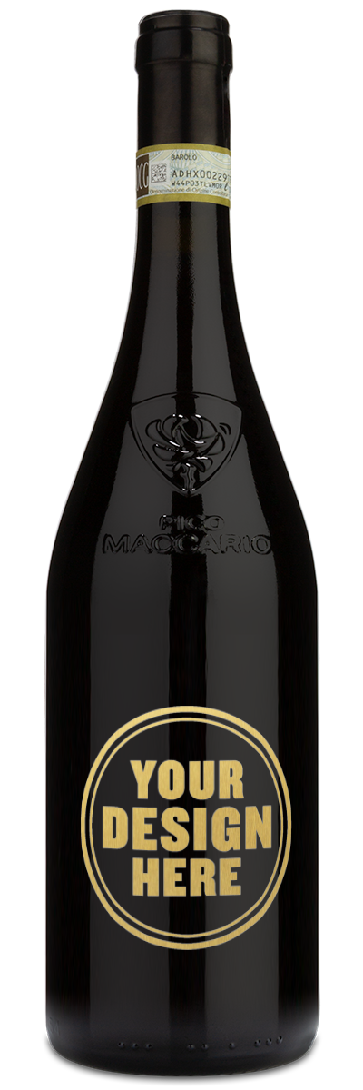 A bottle of Pico Maccario Serralunga d'Alba Barolo with a gold engraving example that says your design here.