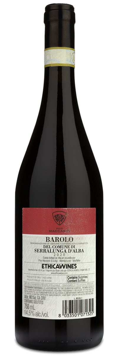 A bottle of Pico Maccario Serralunga d'Alba Barolo with the winery back label