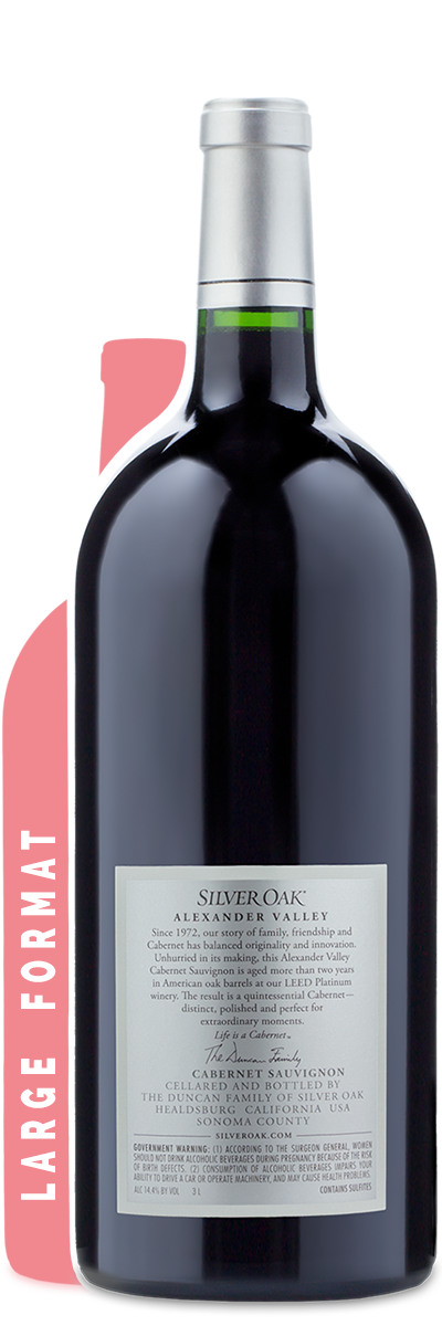 A 3L bottle of Silver Oak Alexander Valley Cabernet Sauvignon with a gray label and green cap.
