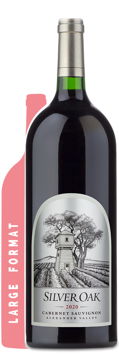A 1.5L bottle of 2020 Silver Oak Alexander Valley Cabernet Sauvignon with illustrated winery label and Large Format text nearby.