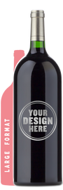 A large dark wine bottle with a silver capsule and green neck label, shown on a white background with a pink vertical banner reading 'LARGE FORMAT' and a circular placeholder graphic that says 'YOUR DESIGN HERE'.