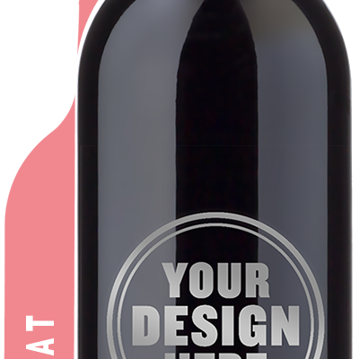A large dark wine bottle with a silver capsule and green neck label, shown on a white background with a pink vertical banner reading 'LARGE FORMAT' and a circular placeholder graphic that says 'YOUR DESIGN HERE'.