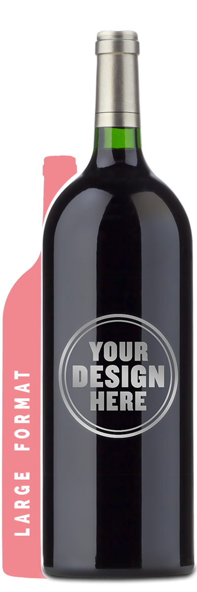 A large dark wine bottle with a silver capsule and green neck label, shown on a white background with a pink vertical banner reading 'LARGE FORMAT' and a circular placeholder graphic that says 'YOUR DESIGN HERE'.