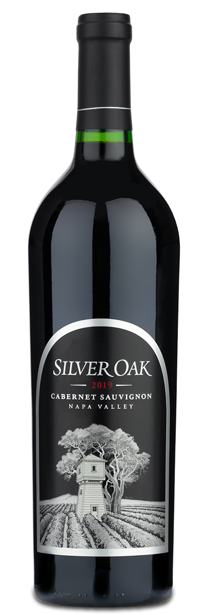 A 2019 Silver Oak Napa Valley Cabernet Sauvignon bottle with a black label featuring a vineyard illustration.