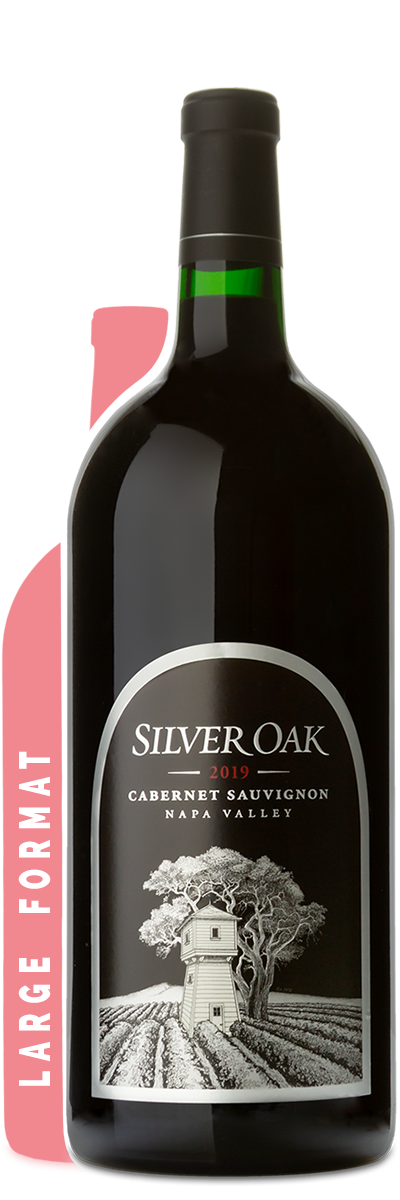 A 3L bottle of Silver Oak Napa Valley Cabernet Sauvignon 2019 with vineyard and tower artwork on the label.