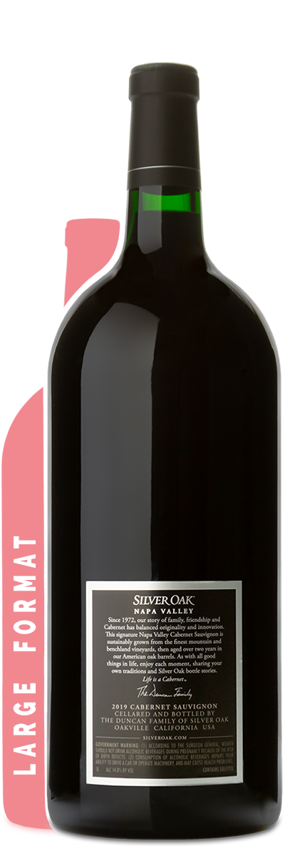 A 3L bottle of 2019 Silver Oak Napa Valley Cabernet Sauvignon with its label and LARGE FORMAT text on the left.
