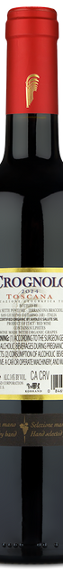 A bottle of Tenuta Sette Ponti Crognolo red wine with a white label and red foil on a plain background.