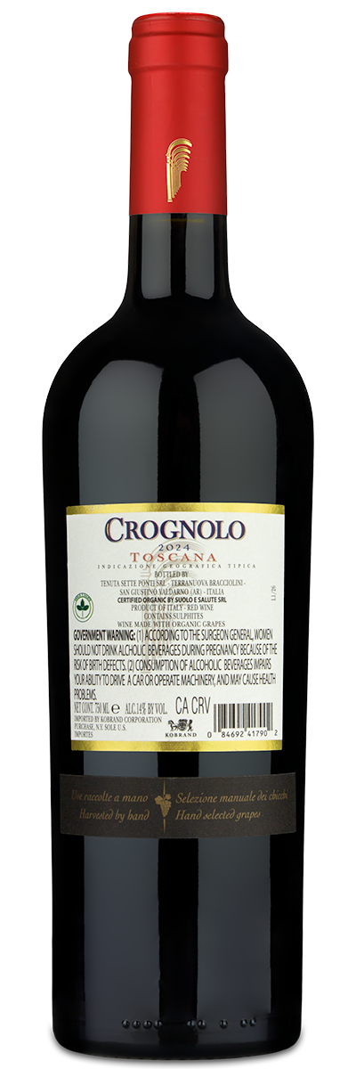 A bottle of Tenuta Sette Ponti Crognolo red wine with a white label and red foil on a plain background.