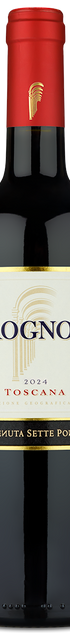 A bottle of Tenuta Sette Ponti Crognolo red wine with a red cap and white, gold, and dark blue label.