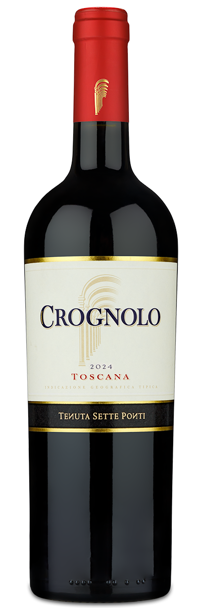 A bottle of Tenuta Sette Ponti Crognolo red wine with a red cap and white, gold, and dark blue label.