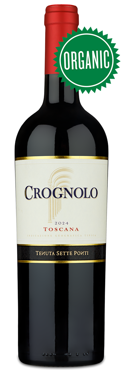 A bottle of Tenuta Sette Ponti Crognolo Tuscan red wine with an ORGANIC badge at the top right.