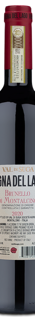 2020 ValDiSuga Vigna Del Lago Brunello di Montalcino wine bottle with a beige label and maroon foil.
