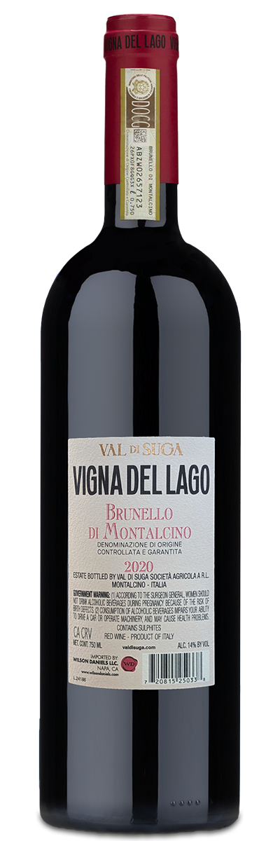 2020 ValDiSuga Vigna Del Lago Brunello di Montalcino wine bottle with a beige label and maroon foil.
