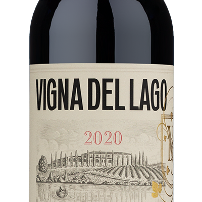 A bottle of 2020 ValDiSuga Vigna Del Lago Brunello di Montalcino with red foil top and illustrated label.