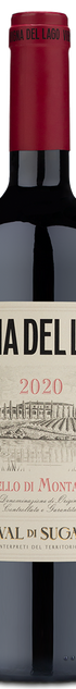 A bottle of 2020 ValDiSuga Vigna Del Lago Brunello di Montalcino with red foil top and illustrated label.