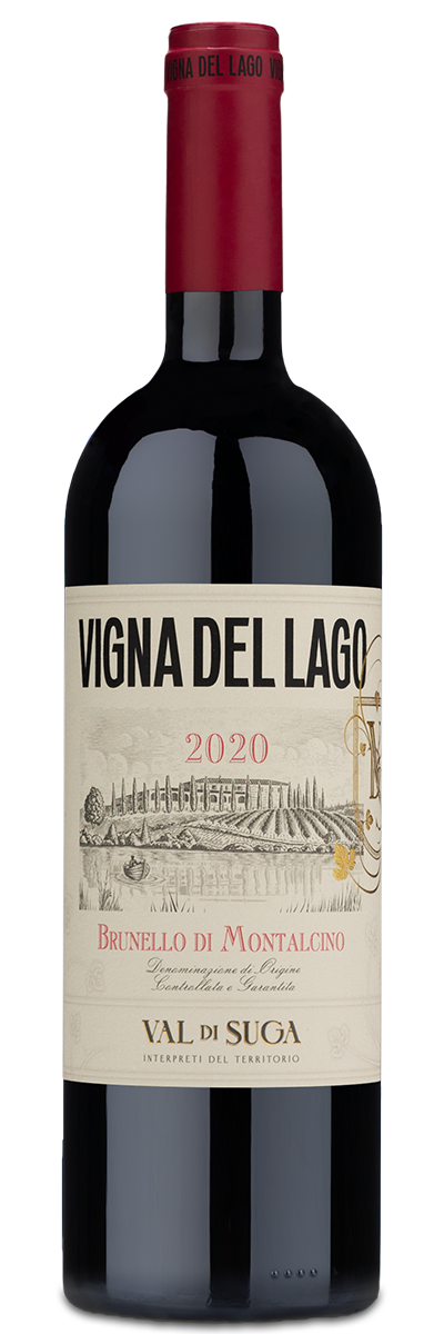 A bottle of 2020 ValDiSuga Vigna Del Lago Brunello di Montalcino with red foil top and illustrated label.