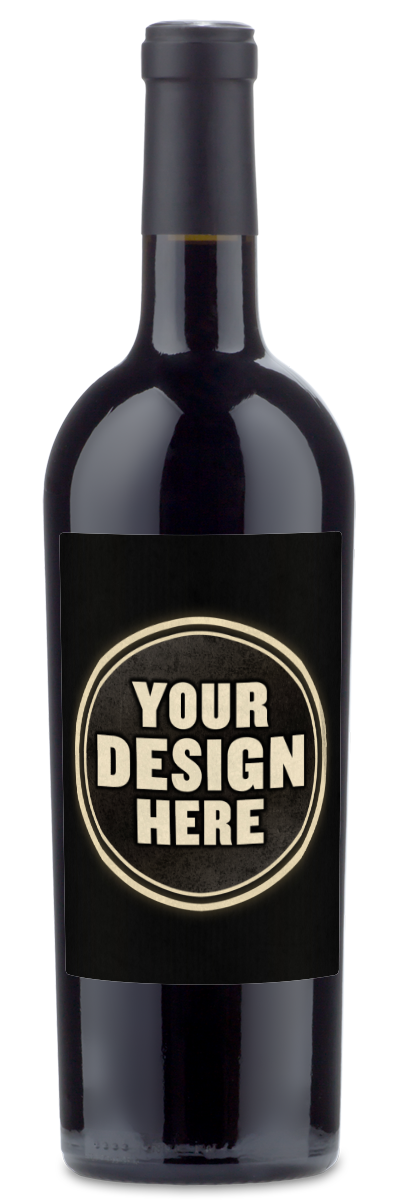 A bottle of Wildcatter Napa Mt. Veeder Cabernet Sauvignon with a blank label that says YOUR DESIGN HERE.