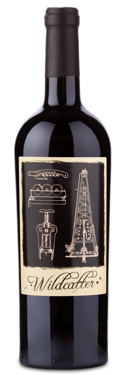 A bottle of Wildcatter Napa Mt. Veeder Cabernet Sauvignon with oil rig artwork on the label.